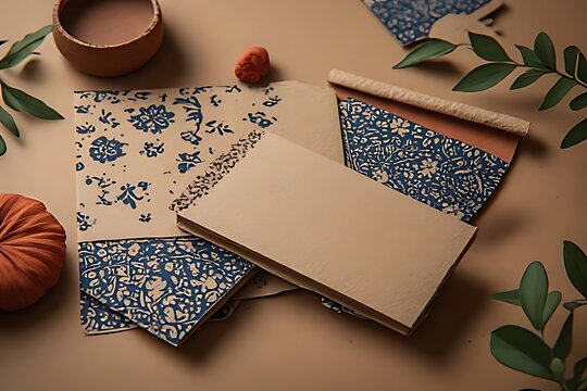 IA generated Indian Ajrakh block print paper packaging mockup. Earthy artisanal branding template with textured recycled surface.
