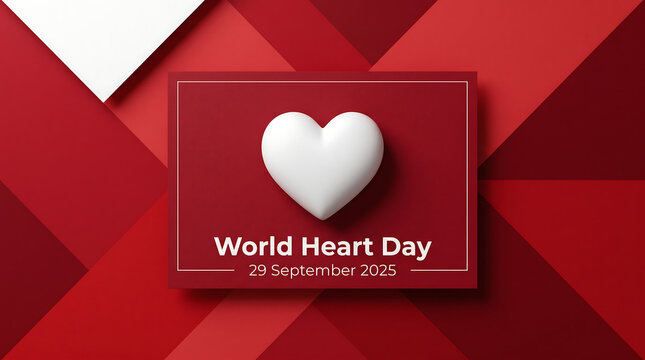 World Heart Day 29 September 2025 Concept, Red Geometric Background with White 3D Heart Symbol, Healthy Living Design