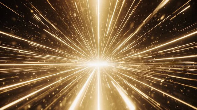 Golden particle burst with light streaks during a cinematic zoom effect against a dark background