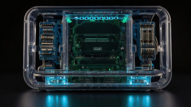 Transparent payment terminal revealing secure electronic circuit