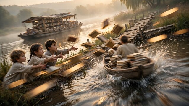 Magical scene of excited Caucasian children on a riverbank trying to catch flying books from a speeding wooden boat rowed by a ferryman in a fantasy landscape
