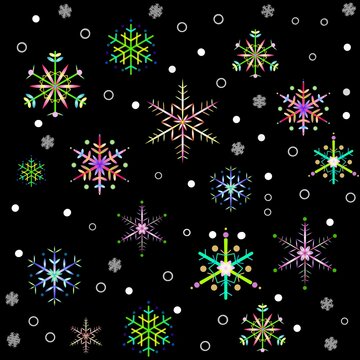 Modern winter seamless pattern featuring colorful gradient snowflakes on dark background