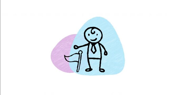 An animated hand drawn businessman standing next to a milestone target flag. Perfect for goal achievement, target completion, milestone success, and victory.