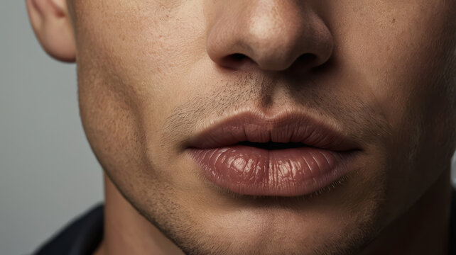 Professional studio portrait showing masculine lips and facial texture in extreme close up