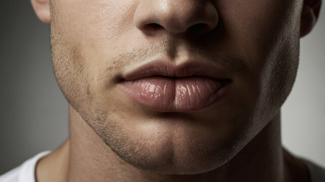 Masculine lips close up studio portrait smooth skin reveal quiet confidence