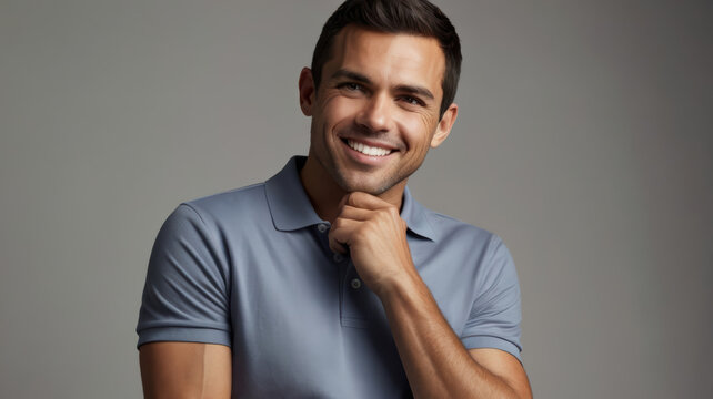 Smiling man in blue shirt posing for professional studio portrait