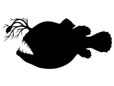 Deep Sea Football Fish Silhouette, Abyssal Anglerfish Predator Icon, Vector Marine Wildlife Graphic