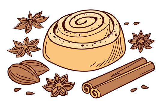 Delicious cinnamon roll illustration paired with aromatic star anise and wooden cinnamon sticks designed in a clean simple vector graphic