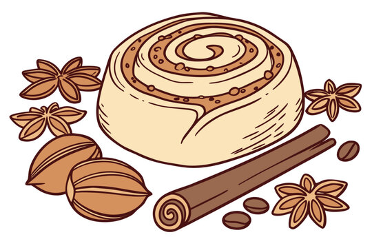 Delicious cinnamon roll vector illustration featuring aromatic star anise pods and wooden cinnamon sticks for a festive bakery themed design