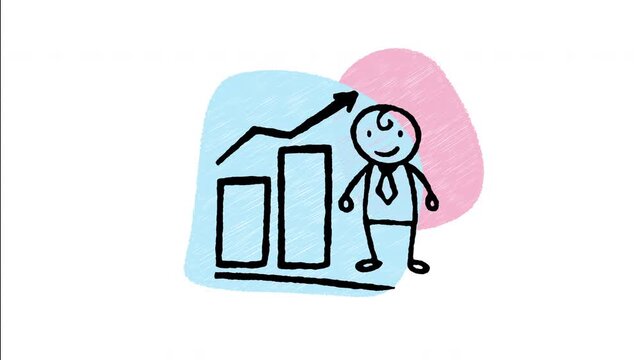 An animated hand drawn businessman standing at the top of a rising bar chart. Ideal for market success, career growth, financial peak, and high achievement. 