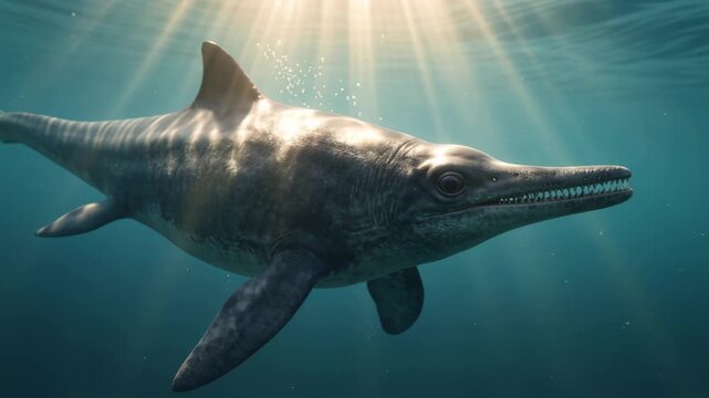 ichthyosaurus close up underwater at morning light in jurassic ocean video