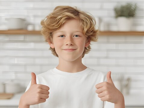 Blond boy with freckles giving two thumbs up, smiling happily, standing in a modern kitchen