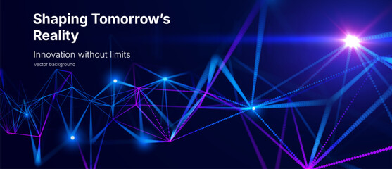Fototapeta premium Abstract AI research background with glowing connected blue and purple nodes and polygonal network. Futuristic data science, neural technology and digital communication concept.