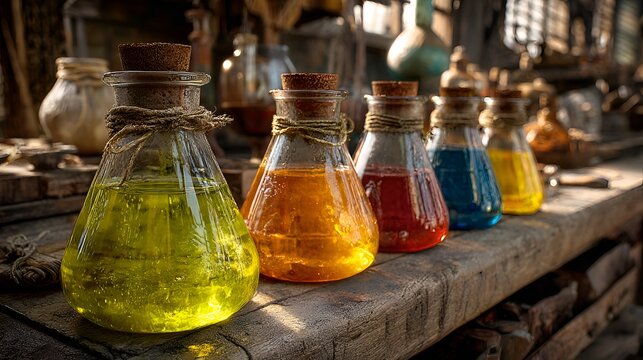 Assortment of colorful potions in glass flasks with cork stoppers on a rustic wooden shelf
