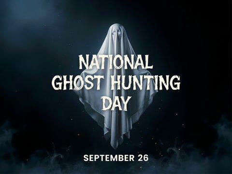 National ghost hunting day graphic with a spooky sheet ghost illustration on a dark black background