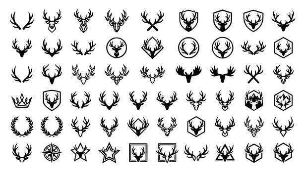 Vector set of deer antlers horns shield badges for hunting and rustic logo designs wildlife silhouette triangle collection ornament