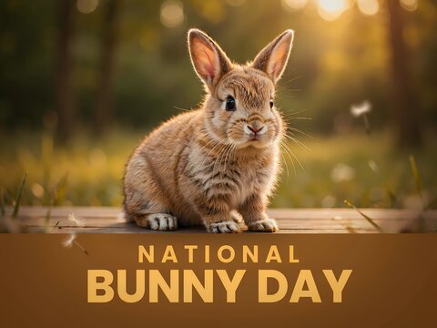 Cute brown bunny rabbit sitting on a wooden box for national bunny day celebration