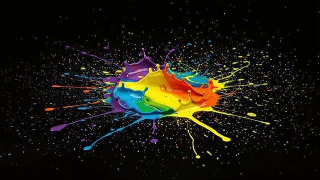 Colorful paint splatters dynamically like a crown against a black background.
