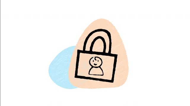 An animated hand drawn padlock icon containing a user person avatar silhouette. Great for profile privacy, secure identity, account safety, and data protection. 