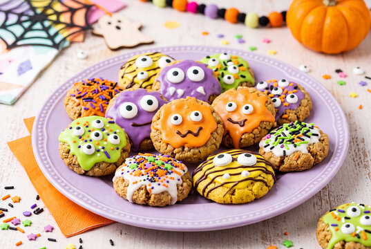 Colorful Halloween Monster Cookies with Candy Eyes and Sprinkles