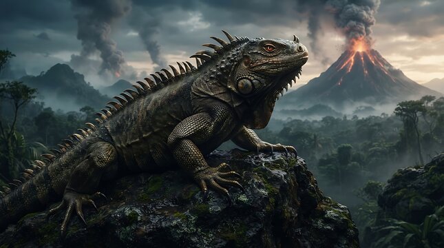 Prehistoric reptile perched on rock