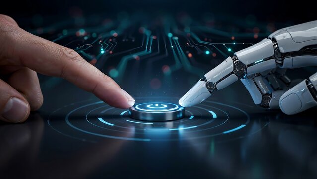 Human and robotic hands touching with futuristic artificial intelligence technology concept