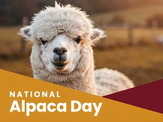 Naklejka premium Cute fluffy white alpaca portrait for national alpaca day celebration card design