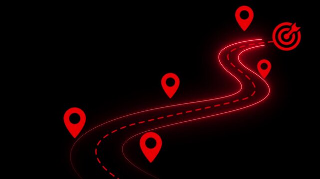 Animated red neon business roadmap with location pins and target goal icon
