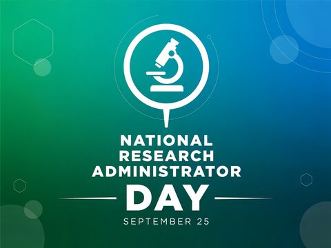 National research administrator day banner with microscope icon on a blue and green background