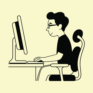 Side view of a man with glasses sitting in an office chair, working on a desktop computer at a desk, flat line style