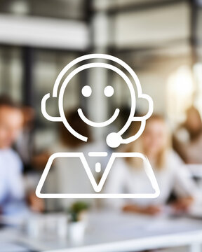 Smiling Support Icon: A friendly and helpful customer support icon with a headset and a big smile, superimposed on a blurred background of a busy office environment.
