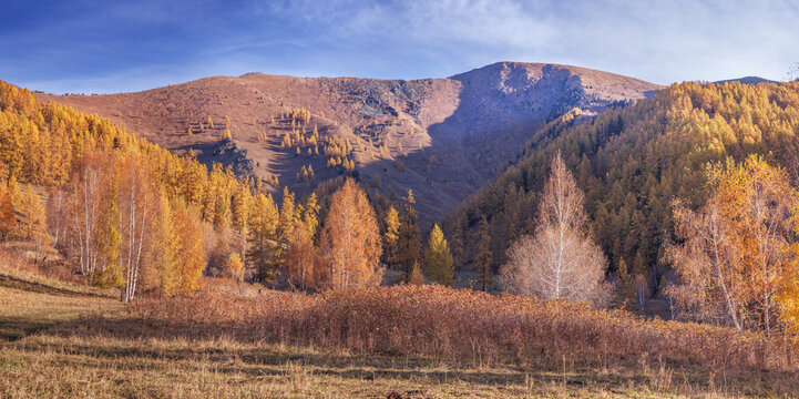 Panoramic fall view, mountain scenery, peaks and forest