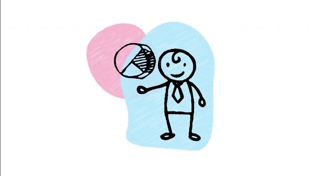 An animated hand drawn businessman holding a pie chart graph segment. Great for profit sharing, market share analysis, financial reports, and data allocation. 
