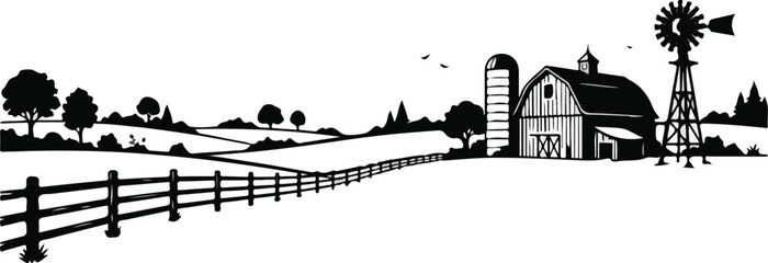 Rural farm landscape barn silo windmill pasture fence vector silhouette © SHARMIN