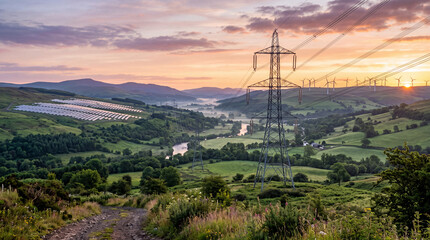 Obraz premium High Voltage Power Lines Solar Wind Dawn