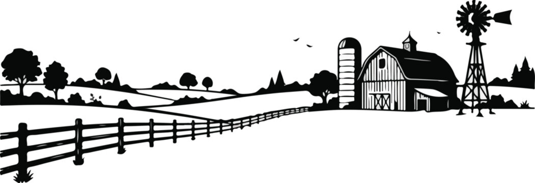 Rural farm landscape barn silo windmill pasture fence vector silhouette