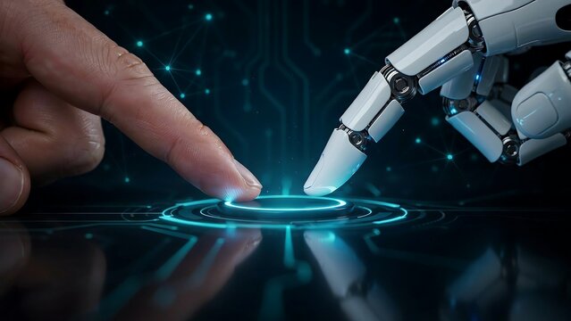 Human and robotic hands touching with futuristic artificial intelligence technology concept