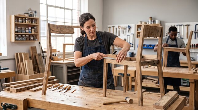 Woman assembling a handmade wooden chair in carpentry workshop