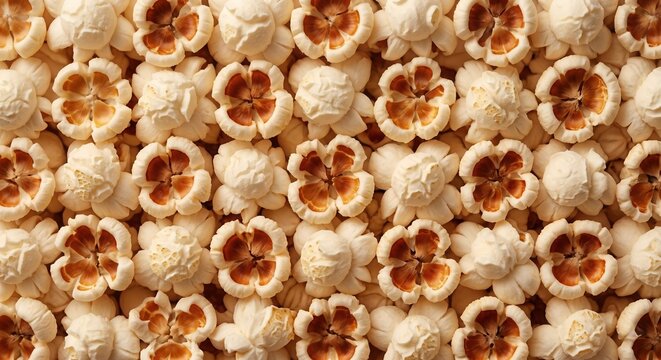 Top view seamless background of fresh popcorn with golden kernels. Crunchy snack texture for cinema, entertainment, food branding, packaging, and advertising with full frame composition.