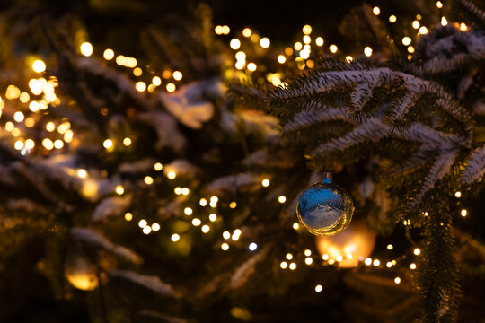Close up view of holiday lights and ornaments on a snowy tree during winter season at a festive event