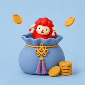파란 복주머니와 금화가 있는 붉은 양Generating AI