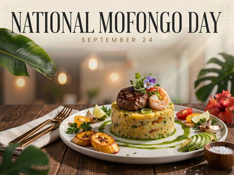 National mofongo day celebration poster with traditional puerto rican plantain dish on a plate