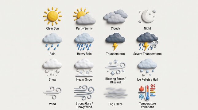 3D Clay Weather Forecast Icon Set with Sun, Clouds, Rain, Snow, and Thunderstorm