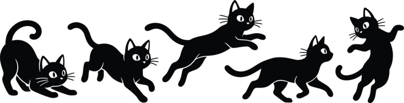 Active jumping black cat vector animation sequence pack showing running leaping pouncing crouching and dancing dynamic posesActive jumping black cat vector animation sequence pack showing running 