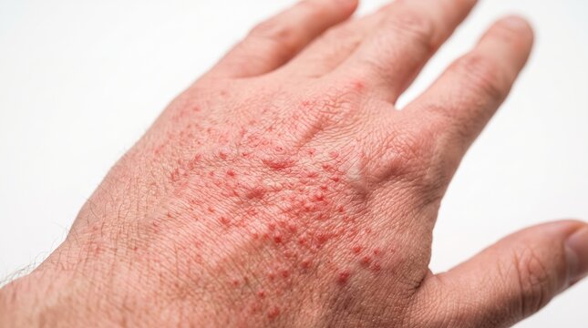 Close Up of Allergic Rash and Red Bumps on Back of Human Male Hand Dermatology Allergy