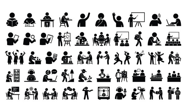 Education and school stick figure icons set. Learning, studying, and classroom activities