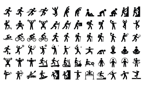 Sports and fitness stickman icons set. Minimalist athlete pictogram mega pack vector