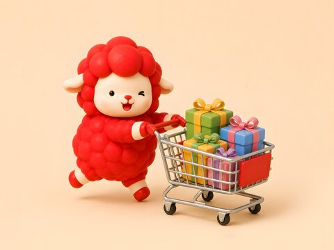 선물 카트를 끌고 있는 붉은 양 캐릭터 Generating AI