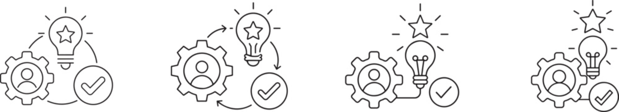 Black and white competency icon set in multiple styles for skills, ability, talent, and assessments.