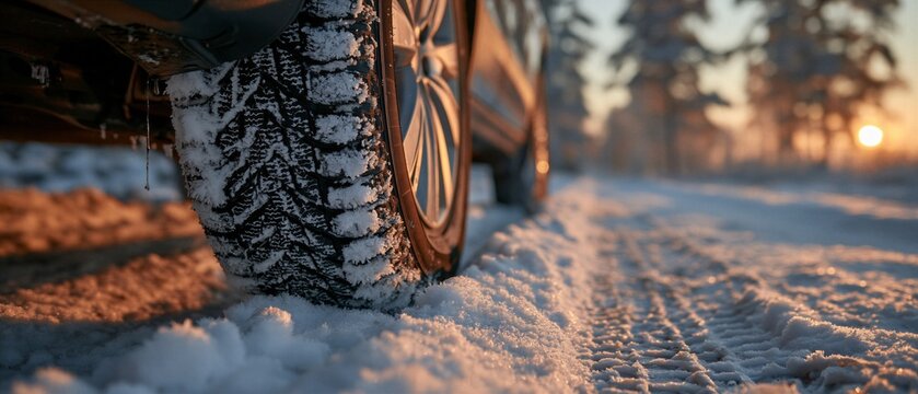 Winter tire covered in snow on icy road at golden sunset